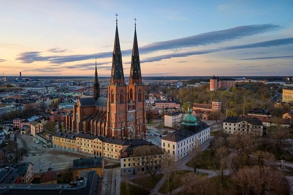 En stadssilhuett med en stor röd tegelkyrka med två höga spira tak, omgiven av låga byggnader och träd. Solnedgång eller tidig kväll med en färgglad himmel.